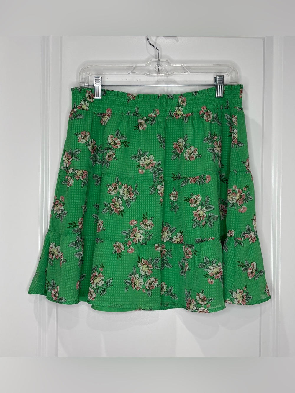 Loft Green Ruffled A-Line Tiered Floral Chiffon Lined Mini Skirt Size S